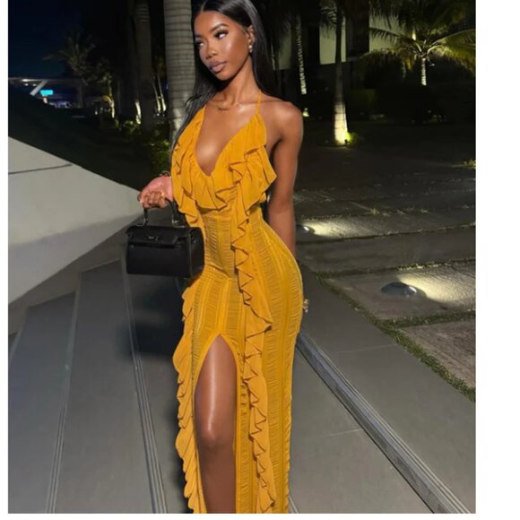 Devine Ruffle Maxi Dress - Mustard - Picture 1 of 3